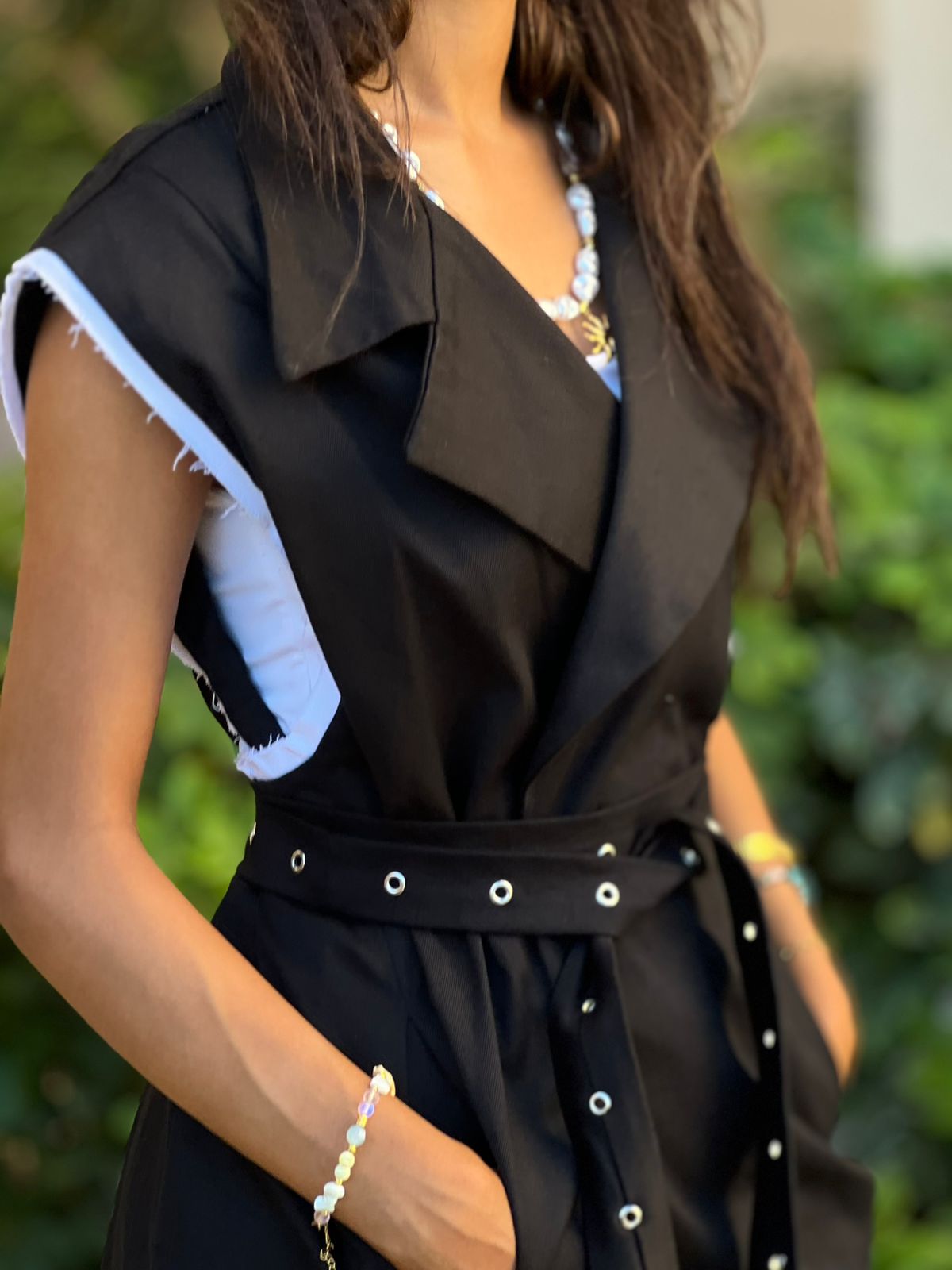Gabardine vest with studded belt