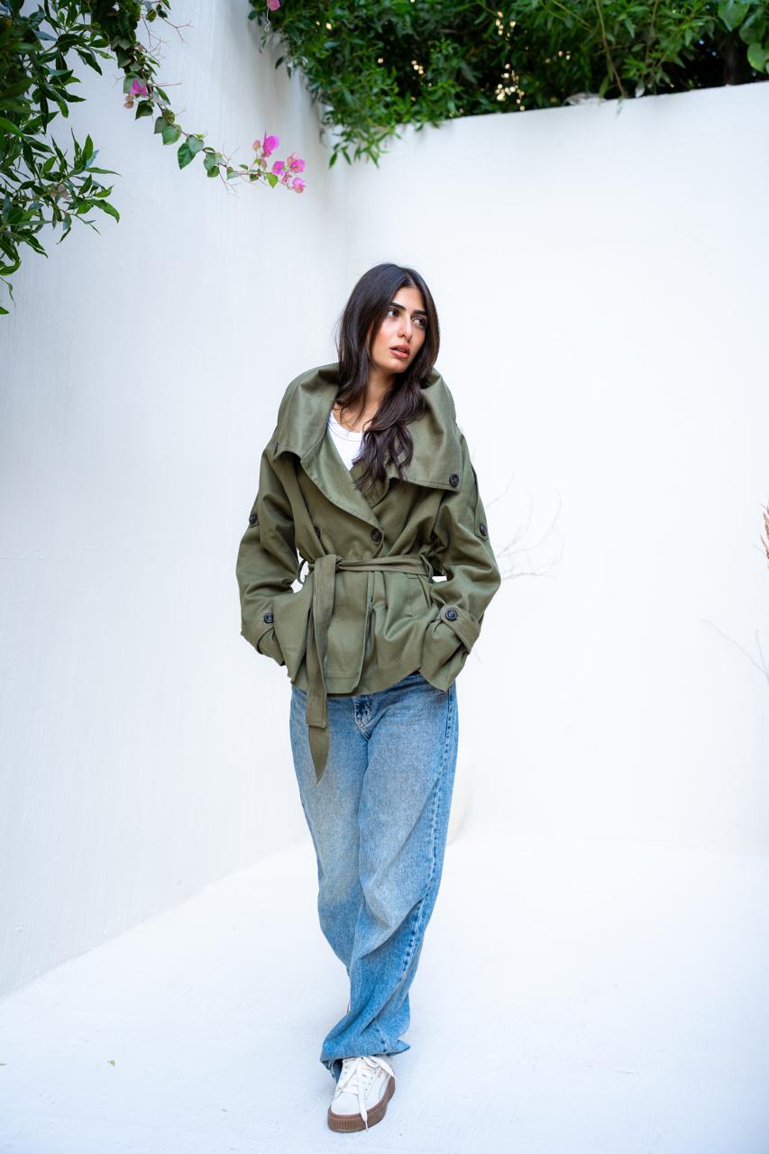 Belted Collar Cropped Gabardine Trench Coat