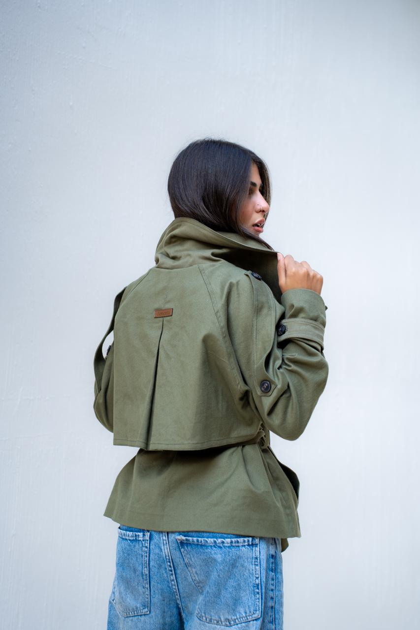 Belted Collar Cropped Gabardine Trench Coat