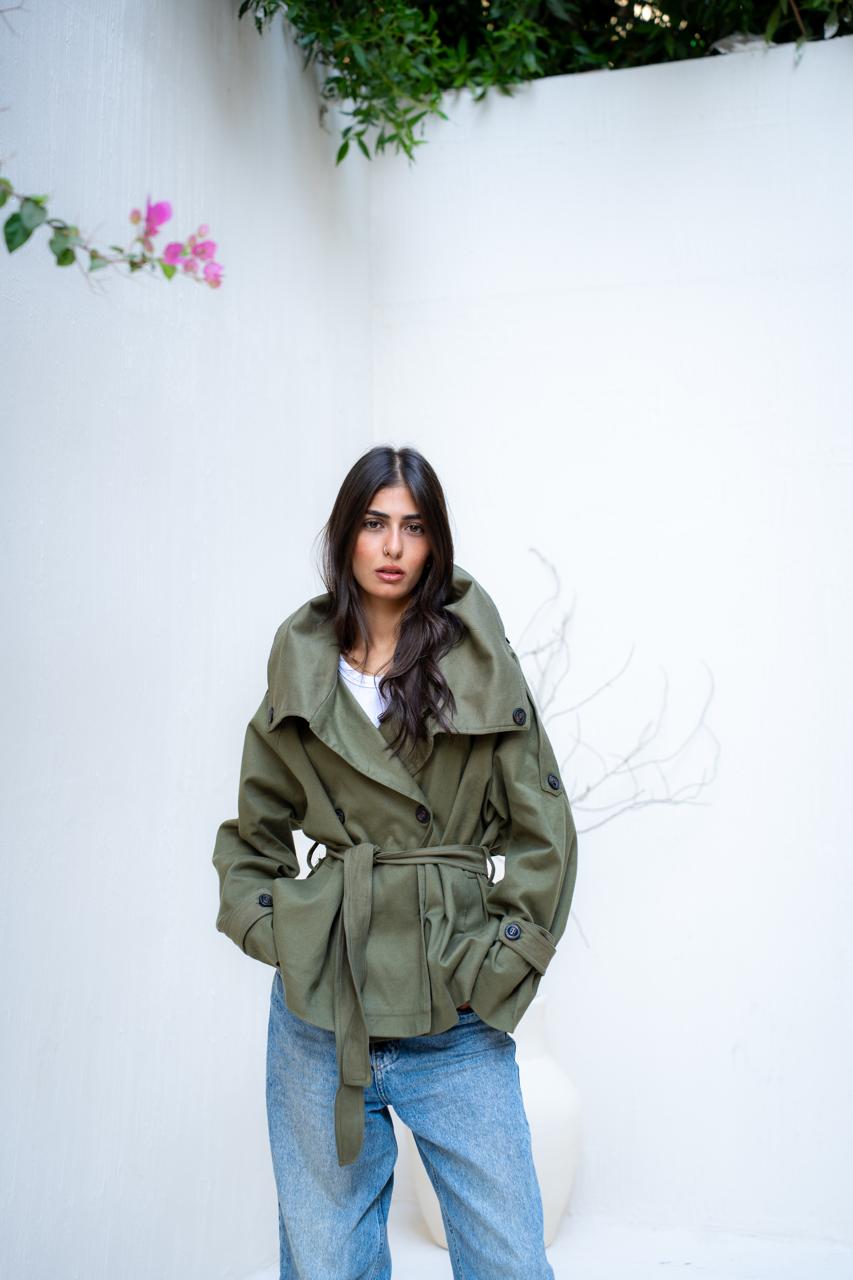 Belted Collar Cropped Gabardine Trench Coat