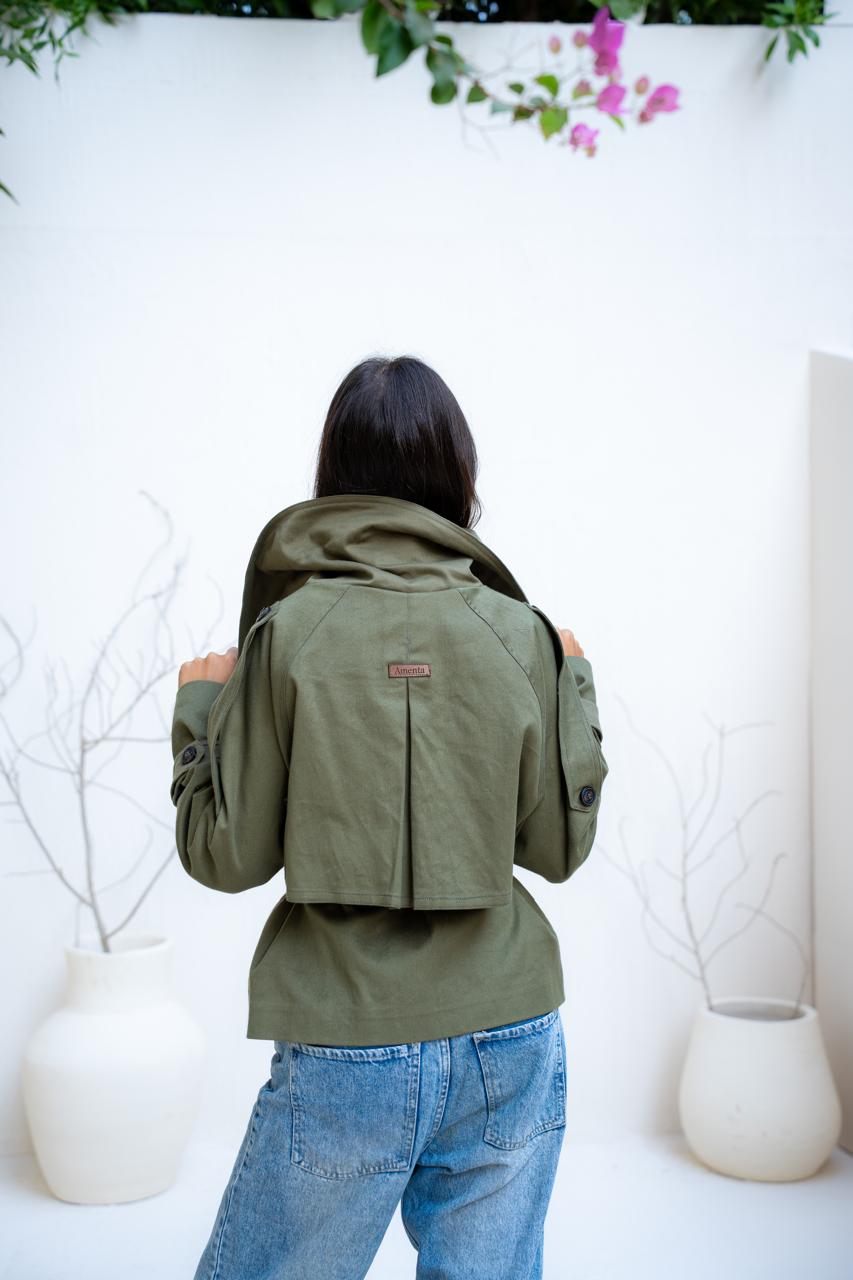 Belted Collar Cropped Gabardine Trench Coat