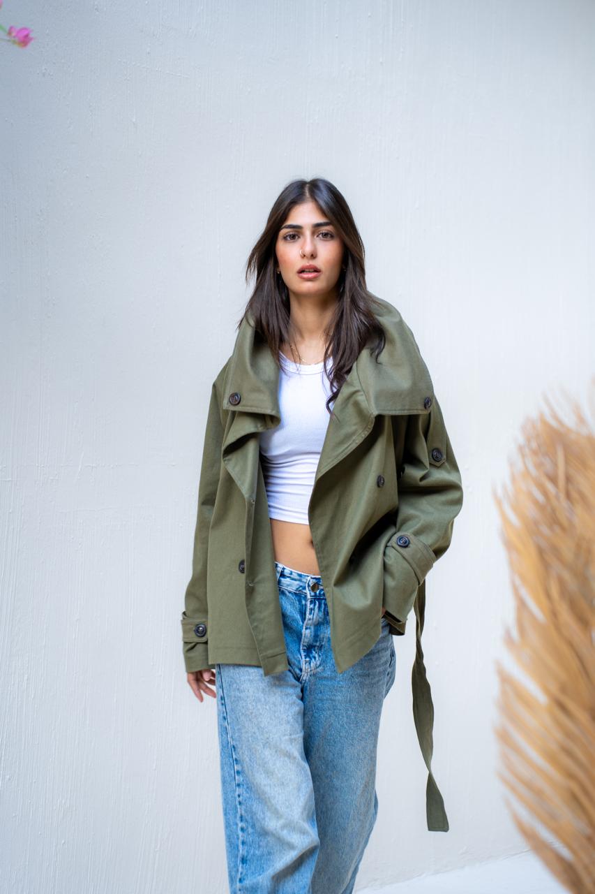 Belted Collar Cropped Gabardine Trench Coat