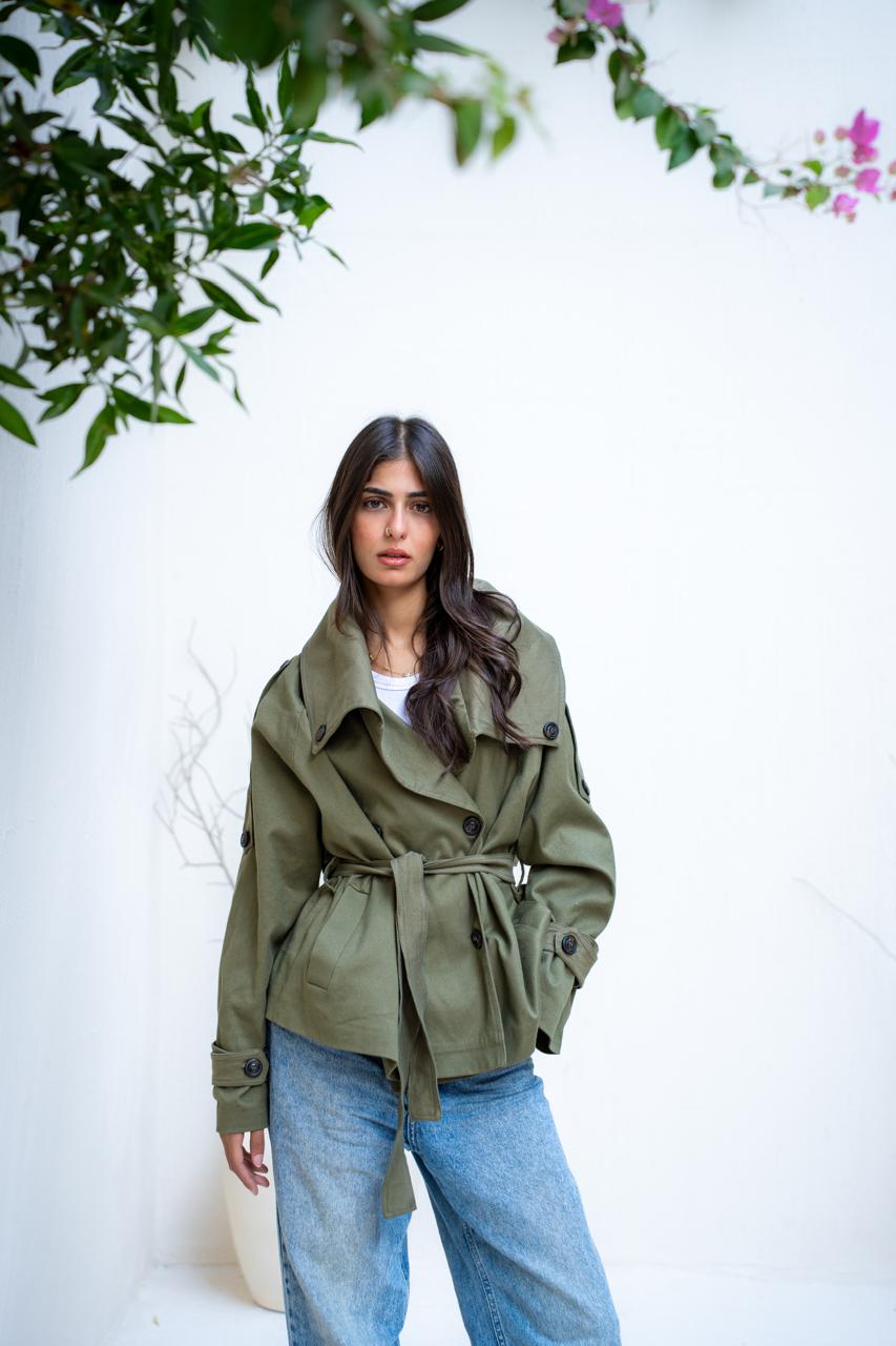 Belted Collar Cropped Gabardine Trench Coat