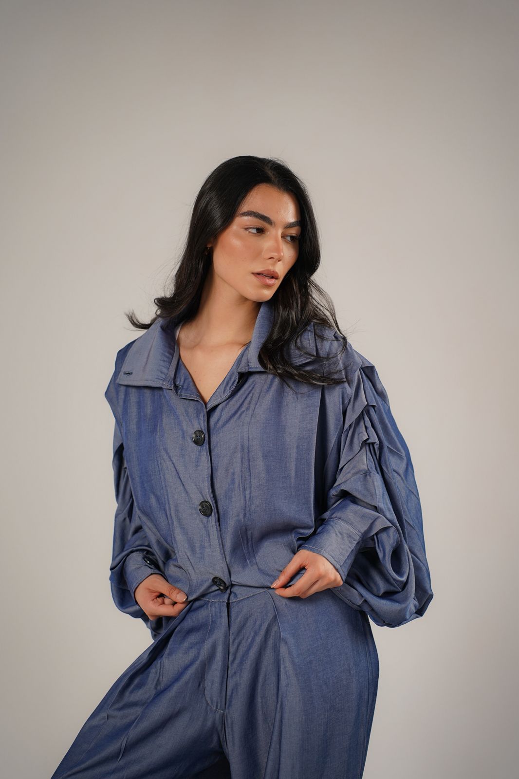 Breathable And Soft Tencel Denim Draped Shoulder Jacket