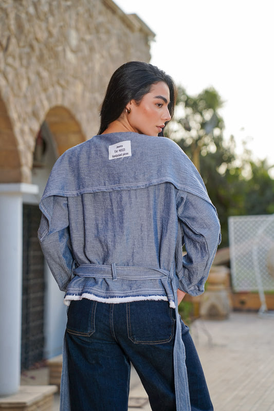 Wide Draped Shoulder Blen Linen Jacket