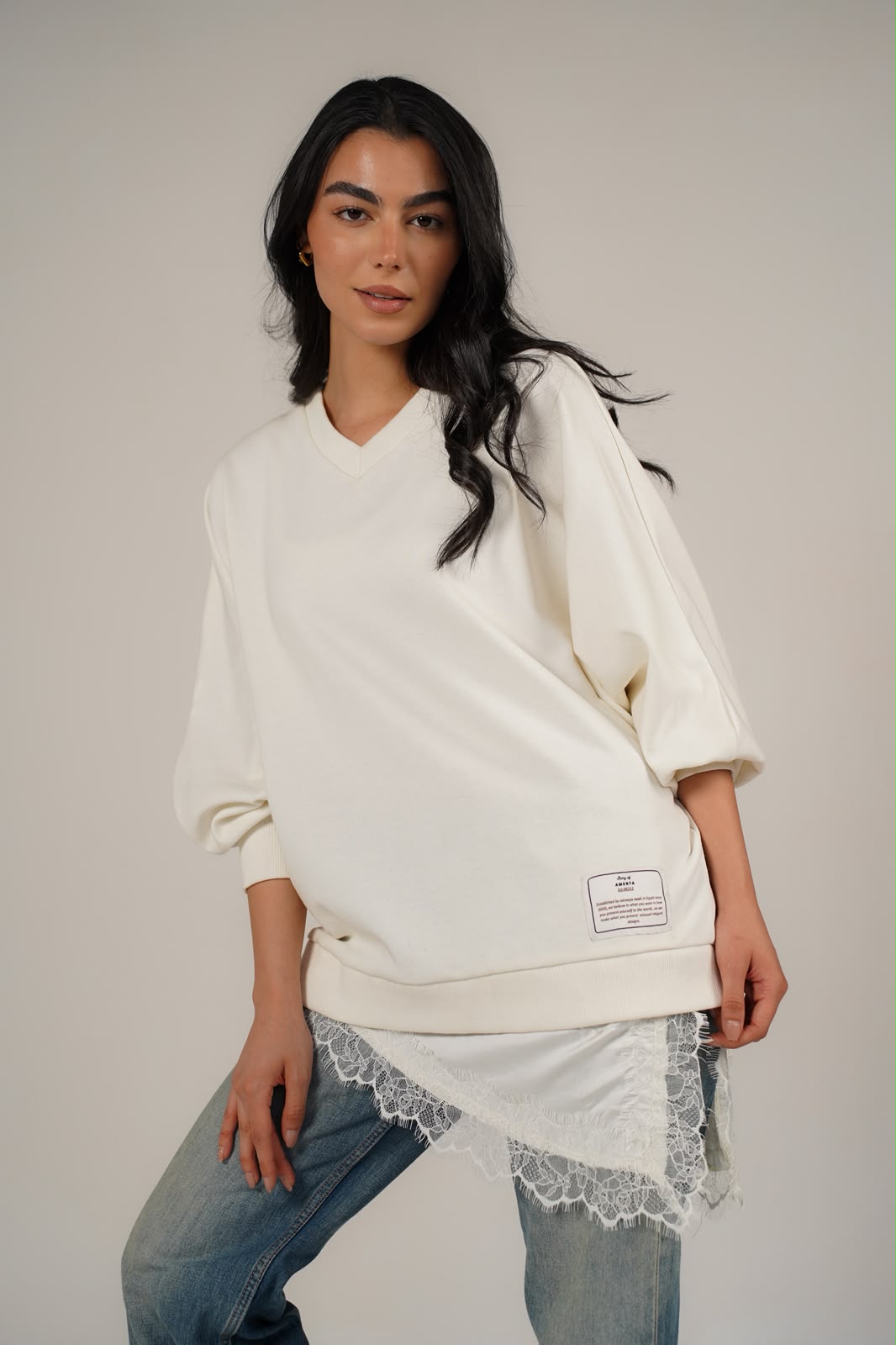 Ivory V-Neck Oversized Sweatshirt