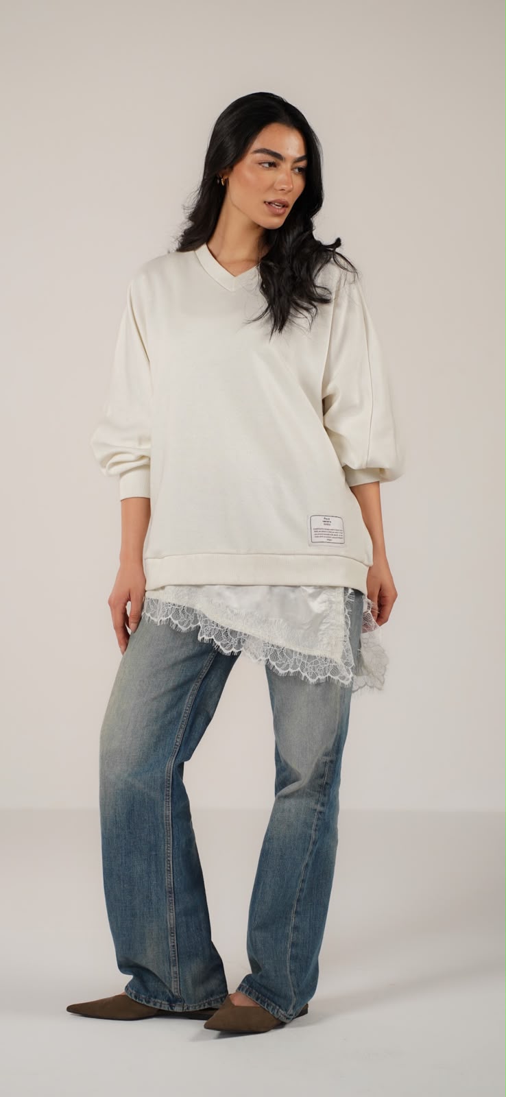 Ivory V-Neck Oversized Sweatshirt