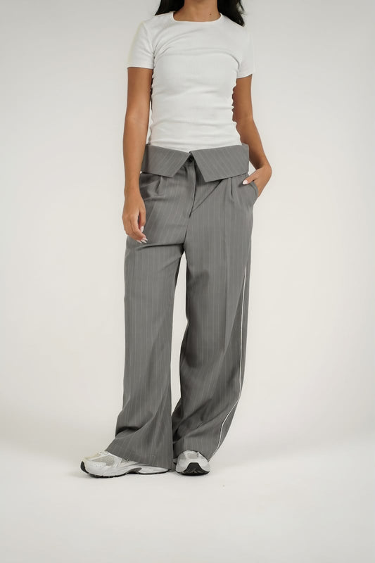 High Waisted Wide Leg Trousers Folded Waistband Detail