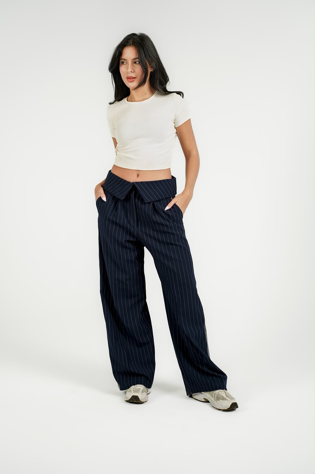 High Waisted Wide Leg Trousers Folded Waistband Detail