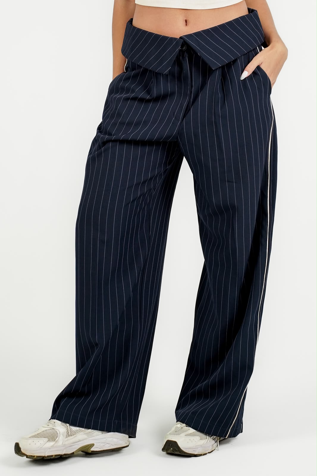 High Waisted Wide Leg Trousers Folded Waistband Detail